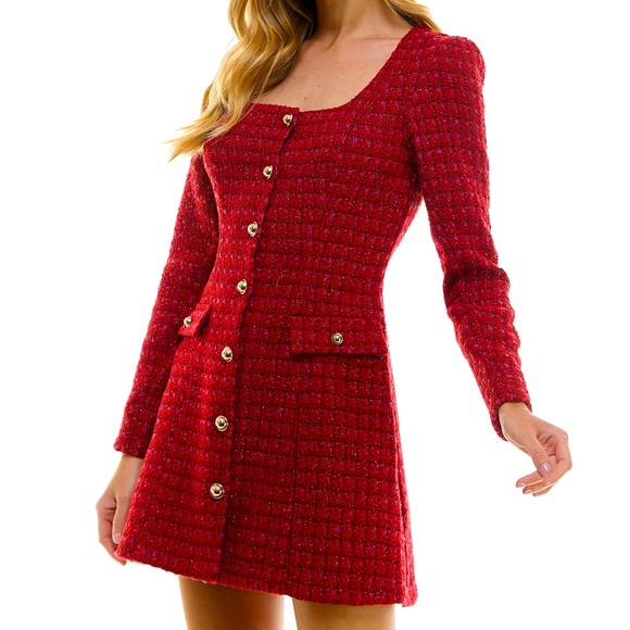 City Studio Dresses & Skirts - Elegant Red Tweed Dress-Square Neck